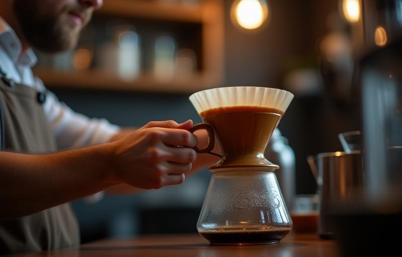 A skilled barista meticulously preparing a pour-over coffee with a focus on detail.
