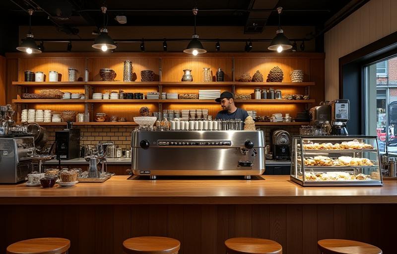 The coffee counter at Zaman Coffee House, showcasing espresso machines and pastries.