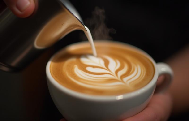 Close-up of a barista pouring detailed latte art into a coffee cup.