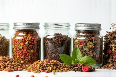 A vibrant selection of loose-leaf artisanal teas displayed in glass jars.