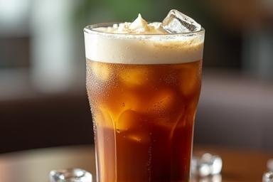 A refreshing glass of iced coffee with condensation, topped with whipped cream.