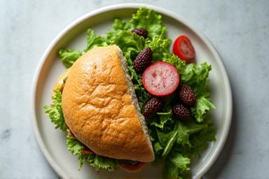A healthy and appealing light meal featuring a sandwich and a side salad.