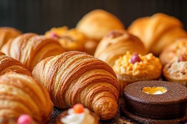 A tempting display of various freshly baked pastries, including croissants, muffins, and cakes.