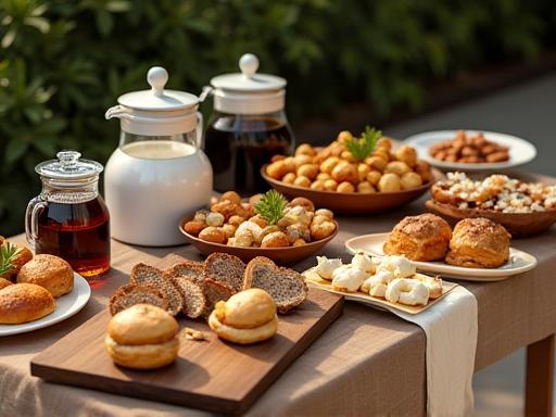 An appealing catering spread featuring coffee carafes, a selection of pastries, and light snacks arranged on a table.