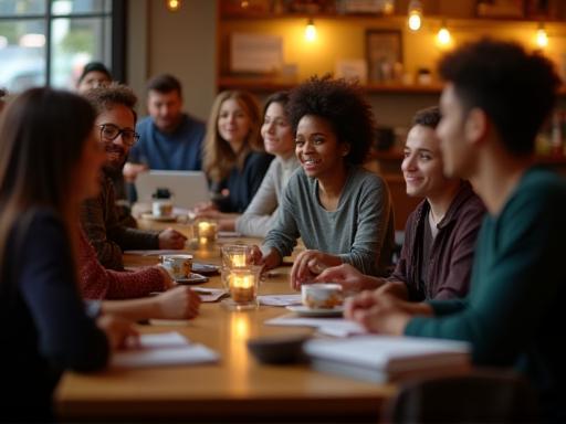 A group of people comfortably seated at tables in a cafe setting, engaged in conversation or work, illustrating a gathering space.